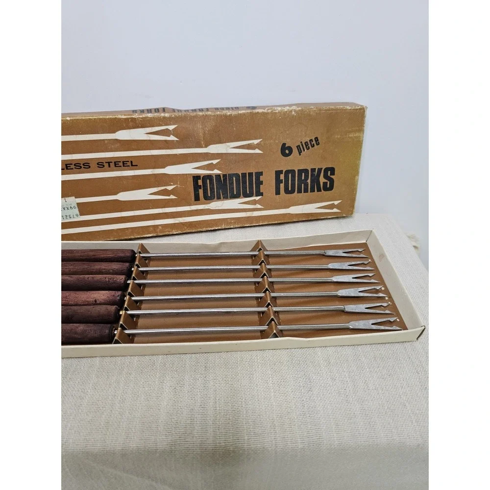 Vintage Fondue Stainless Steel 6 Piece Wooden Handle Set 10.5